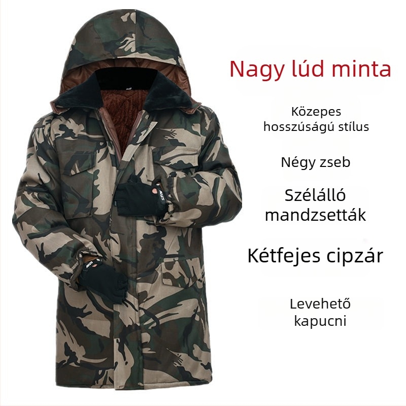 télen vastag bélelt pamutdzseki középhosszú, kapucnival, kamuflázi mintával, több zsebbel, cipzáras zárás, munkaruházat hideg környezethez