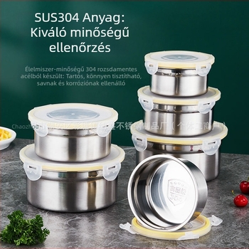 304 rozsdamentes acél kör alakú élelmiszer-tároló doboz lezárható fedővel, 800–1000 ml