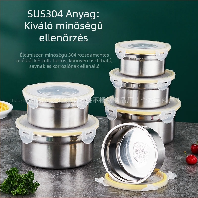 304 rozsdamentes acél kör alakú élelmiszer-tároló doboz lezárható fedővel, 800–1000 ml