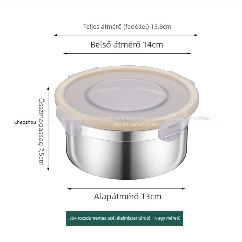 304 rozsdamentes acél kör alakú élelmiszer-tároló doboz lezárható fedővel, 800–1000 ml