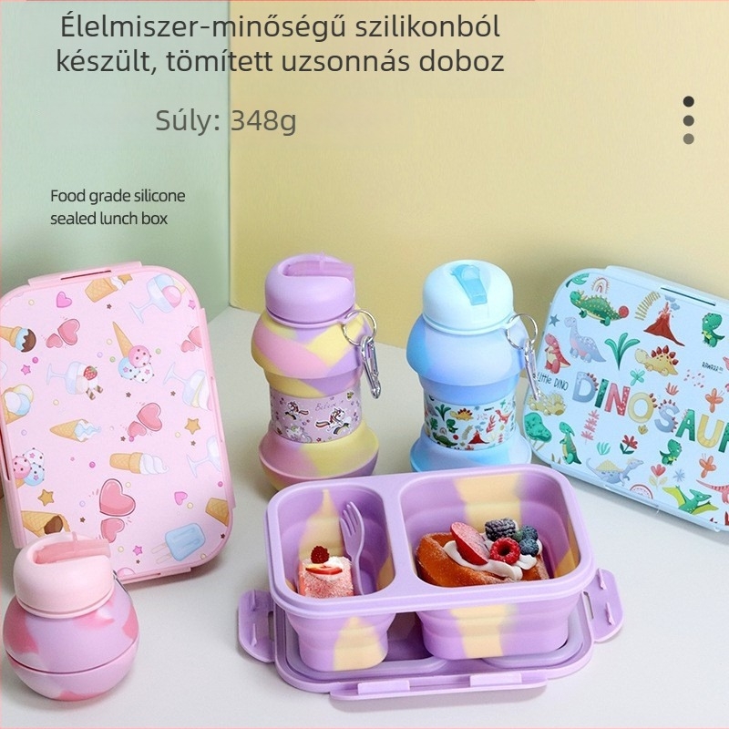 Összecsukható ebédes doboz négy rekesszel, lezárt fedél, mikróban használható, iskolásoknak