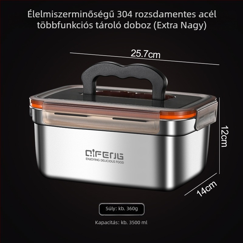 Kerek formájú ebédes doboz 304-es rozsdamentes acélból, fedővel, élelmiszerbiztos, frissesség megőrző doboz, 1–2 L