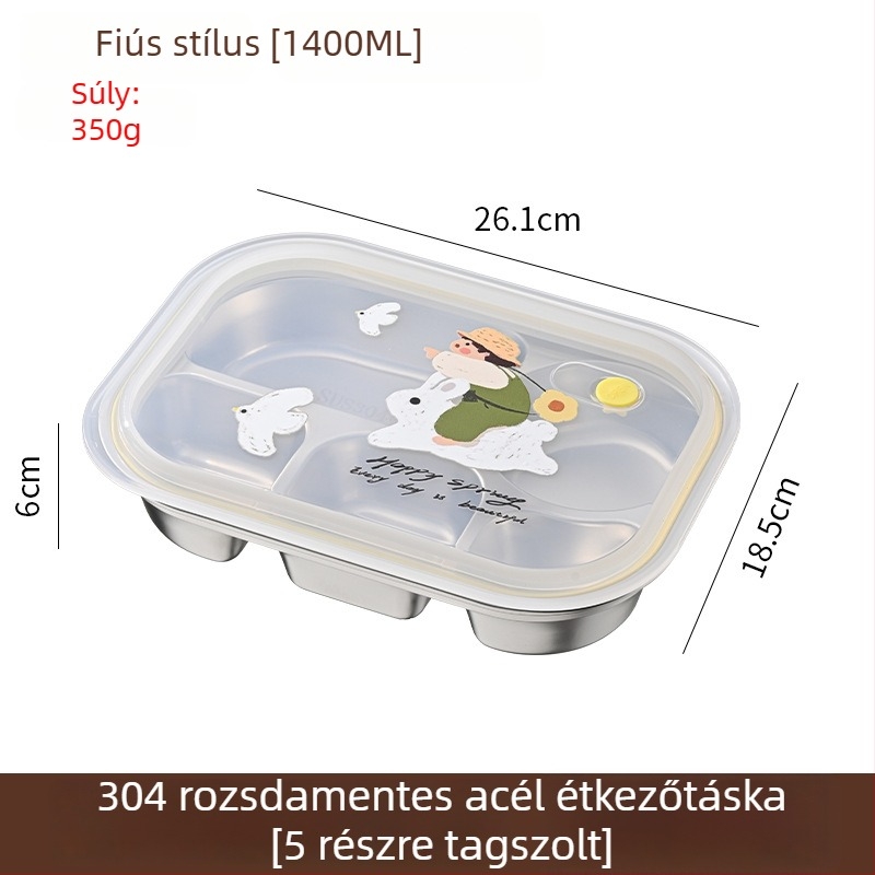 Gyerekeknek szóló ebédes doboz, négy rekeszes, rajzfilm mintázattal, ABS+304 rozsdamentes acélból, 1–2 L kapacitás, mikrohullámú sütőbe is használható