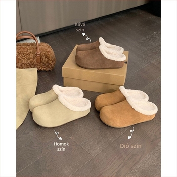 Birkenstock-stílusú női plüss papucs, bőr felsőrésszel, 6 cm magasságnövelés, belső plüss, slip-on, kerek orr, gumi talp (Felső: bőr; Belső: műszőr plüss; Talp: gumi; Orr: kerek; Magasságnövelés: 6 cm)