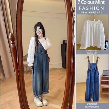 Kismama denim overál, laza szabás, has támogatás, pamut-poliészter, ALK, 2025 tavasz