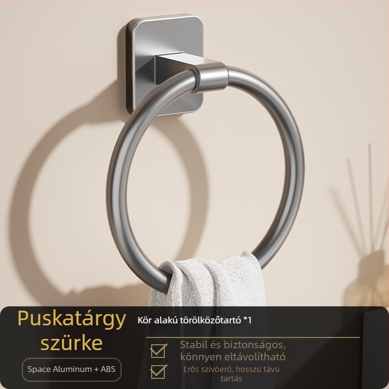 Fürdőszobai törölköző-gyűrű, lyukasztásmentes, kör vagy négyzet alakú design, Space alumínium és műanyag, falra szerelhető, teherbírás 2,5 kg