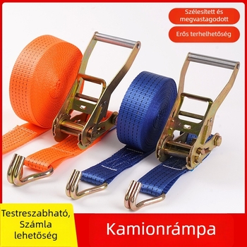 Kézi, nehéz kivitelű poliészter rögzítő heveder kettős horoggal; teherbírás 5000 kg; szakítószilárdság 3000 kg; szállításhoz és rögzítéshez