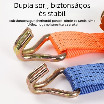 Kézi, nehéz kivitelű poliészter rögzítő heveder kettős horoggal; teherbírás 5000 kg; szakítószilárdság 3000 kg; szállításhoz és rögzítéshez