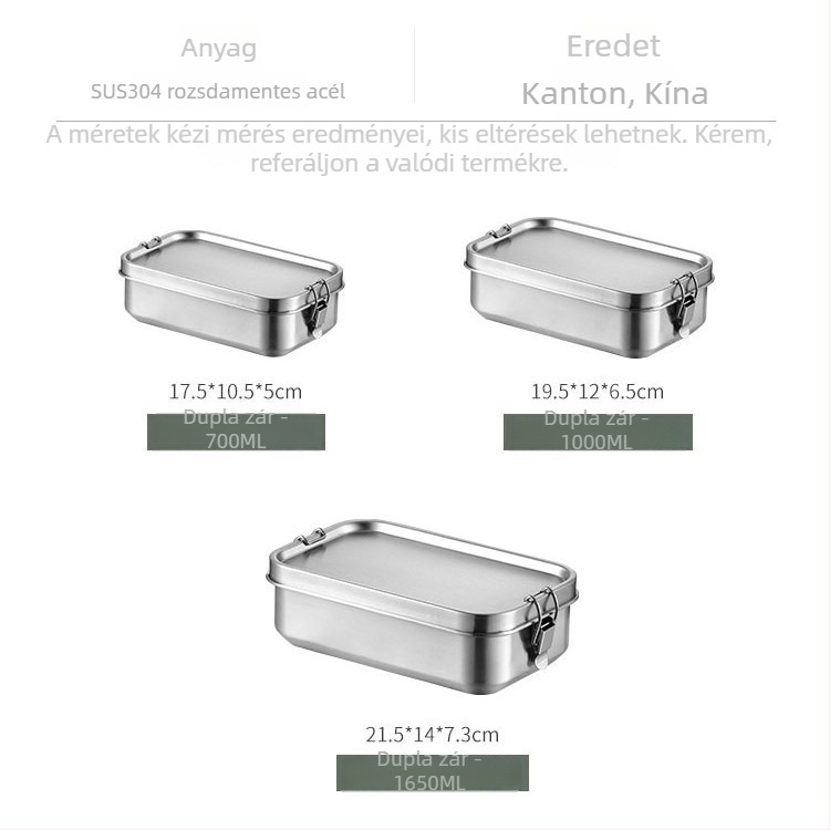 Ebédes doboz 304 rozsdamentes acélból, négyszögletes, mikróbarát, japán minimalistikus stílus, 1–2 L kapacitás