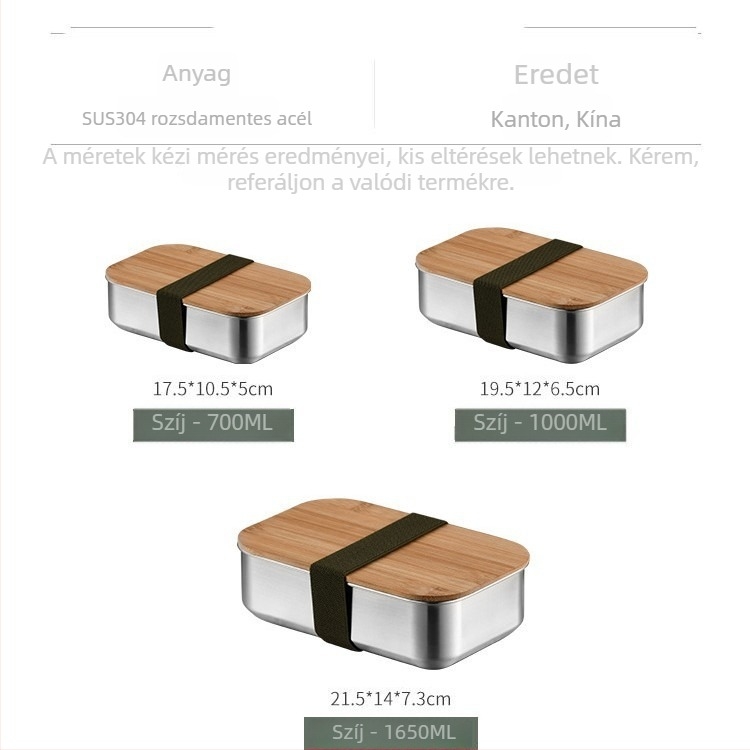 Ebédes doboz 304 rozsdamentes acélból, négyszögletes, mikróbarát, japán minimalistikus stílus, 1–2 L kapacitás