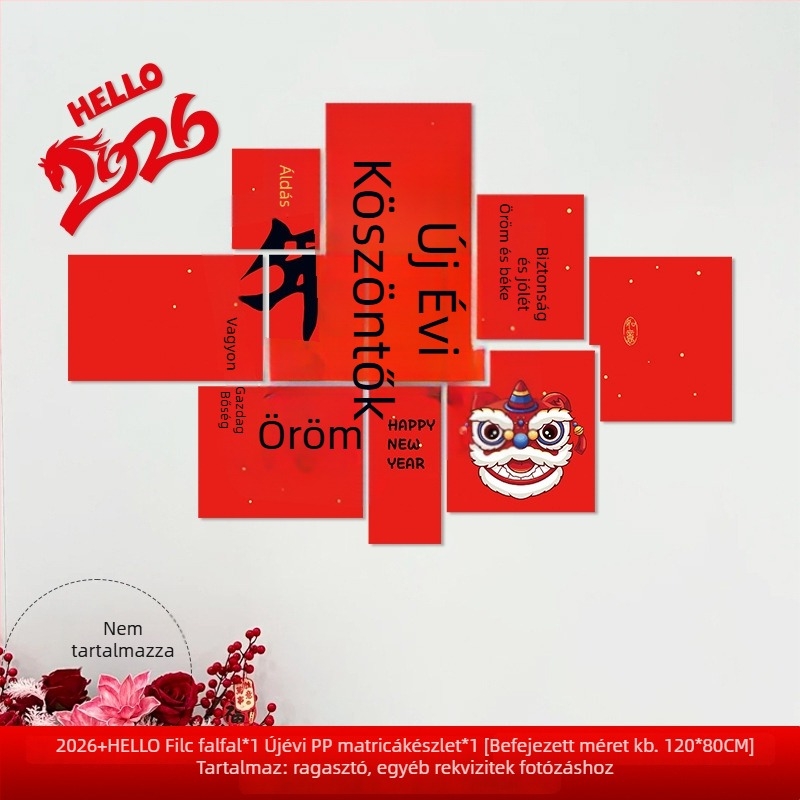 Újévi faldekoráció hátteret alkotó matrica – Ló év motívum, papír, ünnepi stílus, teremdekoráció