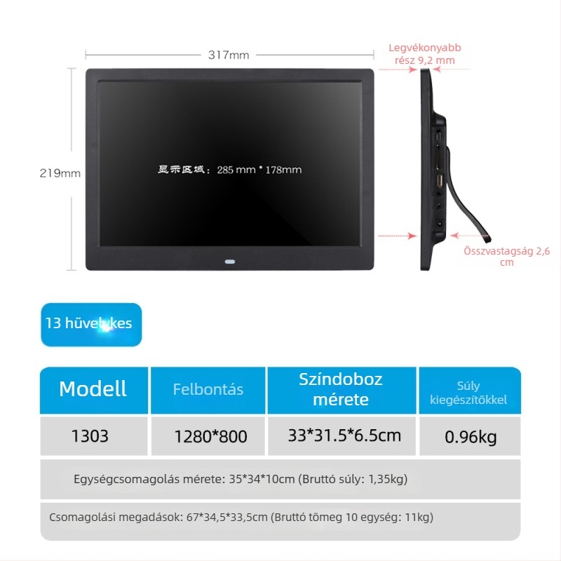 Reklám célú digitális fotókeret – 1024×600, HD LED LCD, lejátszik zenét és videót, SD/USB/TF támogatott, 16:9