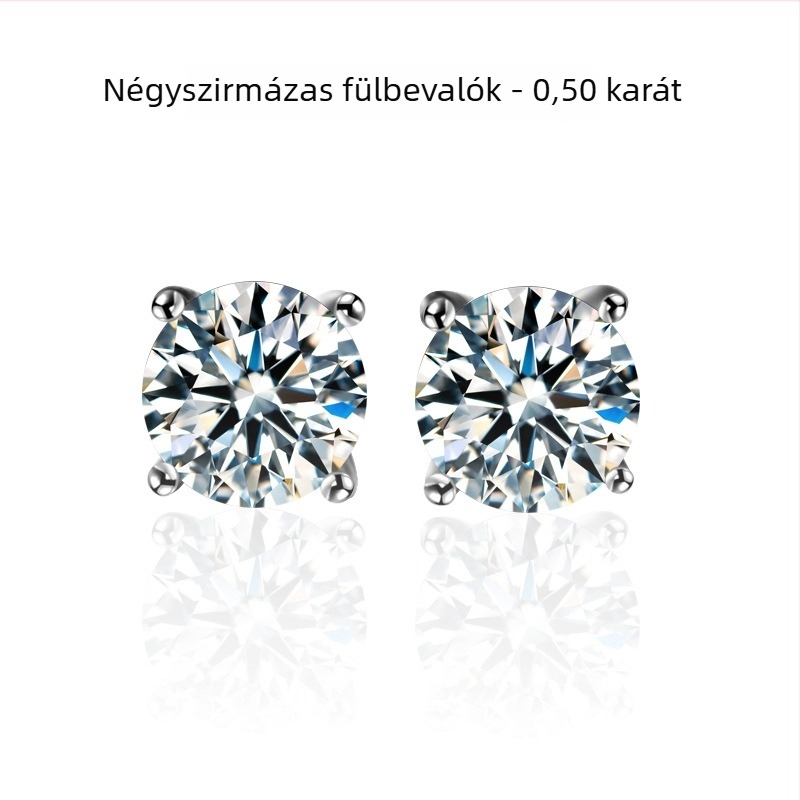 S999 ezüst fülbevalók csavaros hátú, Moissanite, négy karos foglalat, uniszex