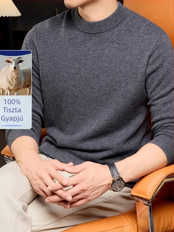 Férfi gyapjú pulóver, 100% gyapjú, fél magas gallér, hosszú ujjú, sík kötés, bordázott szél