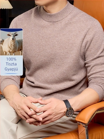 Férfi gyapjú pulóver, 100% gyapjú, fél magas gallér, hosszú ujjú, sík kötés, bordázott szél
