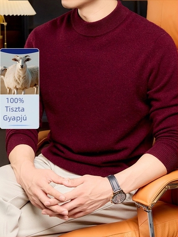 Férfi gyapjú pulóver, 100% gyapjú, fél magas gallér, hosszú ujjú, sík kötés, bordázott szél