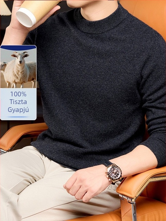 Férfi gyapjú pulóver, 100% gyapjú, fél magas gallér, hosszú ujjú, sík kötés, bordázott szél