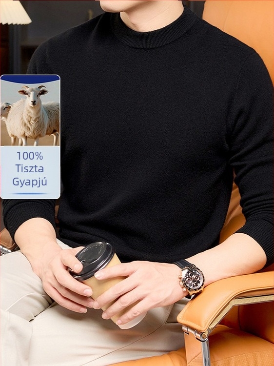 Férfi gyapjú pulóver, 100% gyapjú, fél magas gallér, hosszú ujjú, sík kötés, bordázott szél