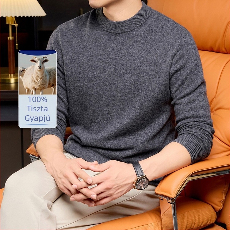 Férfi gyapjú pulóver, 100% gyapjú, fél magas gallér, hosszú ujjú, sík kötés, bordázott szél