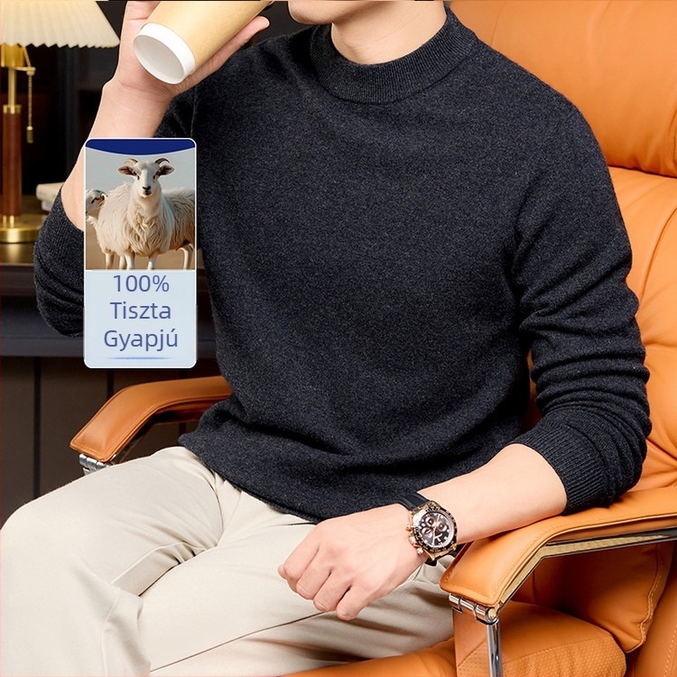 Férfi gyapjú pulóver, 100% gyapjú, fél magas gallér, hosszú ujjú, sík kötés, bordázott szél