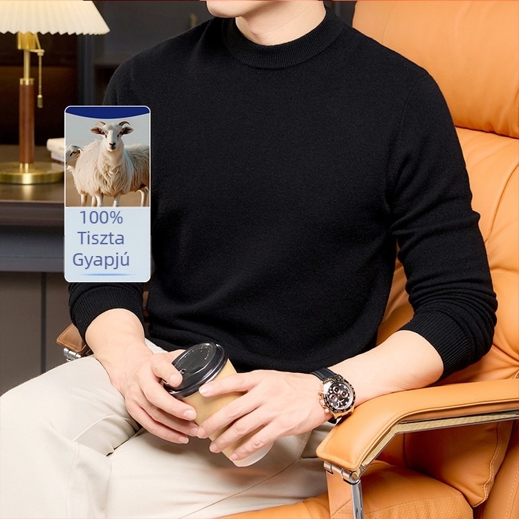 Férfi gyapjú pulóver, 100% gyapjú, fél magas gallér, hosszú ujjú, sík kötés, bordázott szél