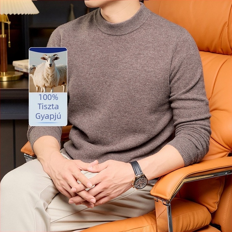 Férfi gyapjú pulóver, 100% gyapjú, fél magas gallér, hosszú ujjú, sík kötés, bordázott szél
