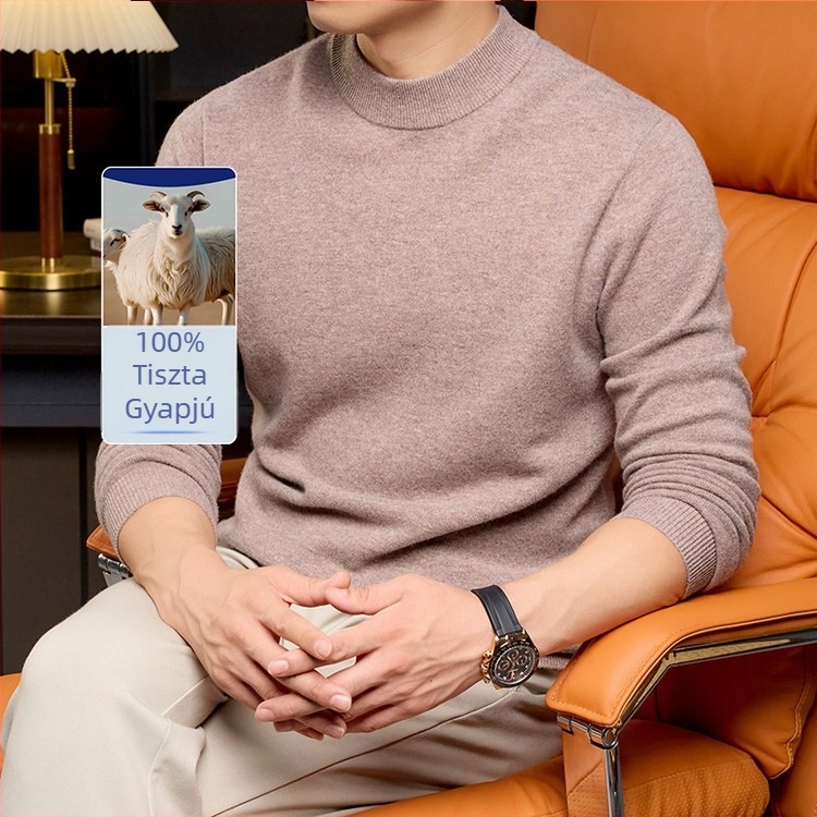 Férfi gyapjú pulóver, 100% gyapjú, fél magas gallér, hosszú ujjú, sík kötés, bordázott szél