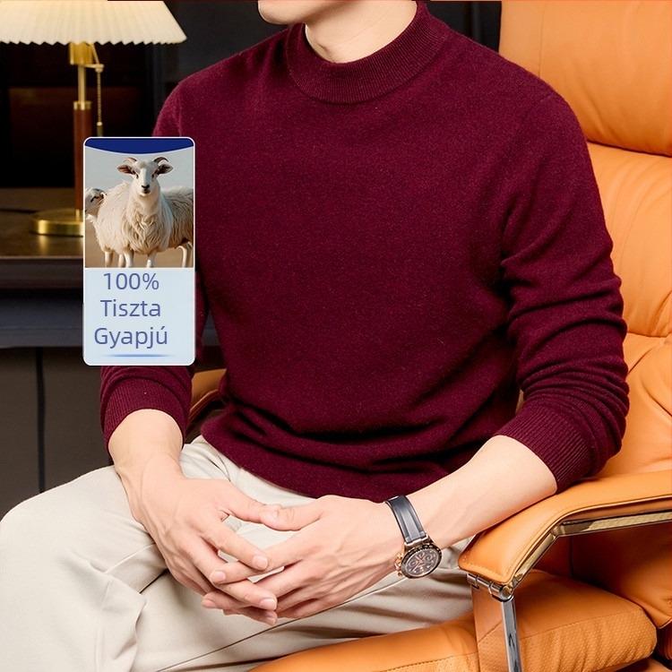 Férfi gyapjú pulóver, 100% gyapjú, fél magas gallér, hosszú ujjú, sík kötés, bordázott szél