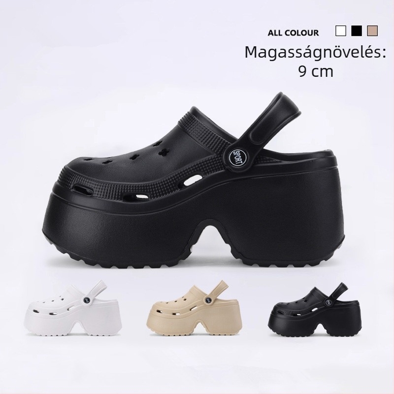 Női Crocs-stílusú platform papucs, 9 cm-es magasságú platform, csúszásmentes EVA talp és felsőrész, injektált talp