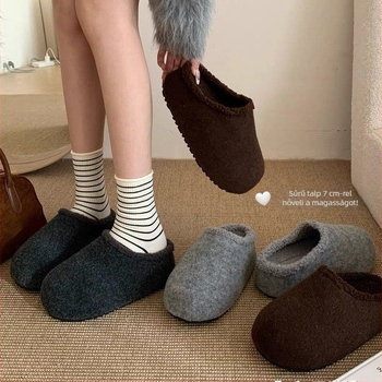 Női velúr vastag talpú slip‑on cipő gumitalppal, belső mű rövid plüss, kerek orr, mindennapi stílus