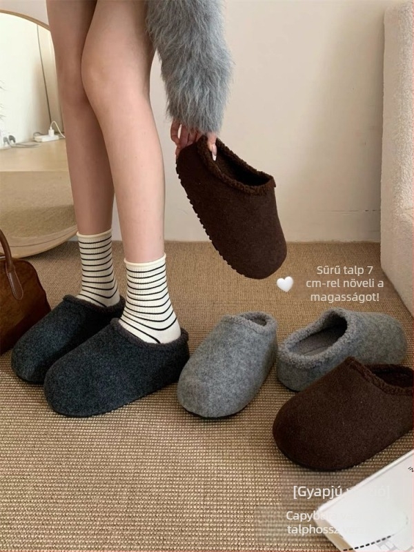 Női velúr vastag talpú slip‑on cipő gumitalppal, belső mű rövid plüss, kerek orr, mindennapi stílus