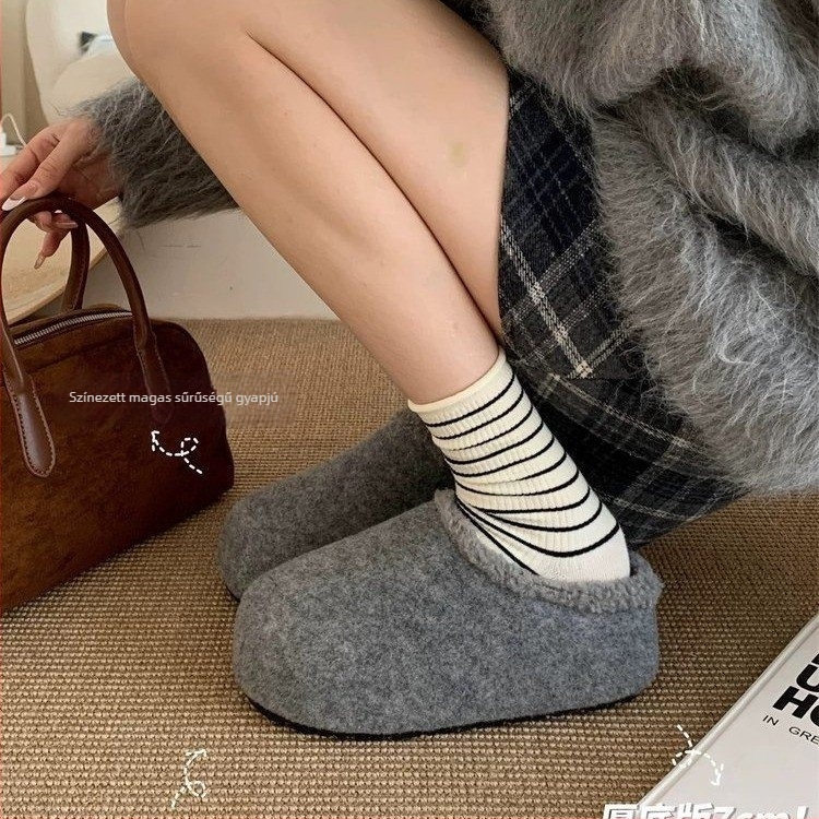 Női velúr vastag talpú slip‑on cipő gumitalppal, belső mű rövid plüss, kerek orr, mindennapi stílus