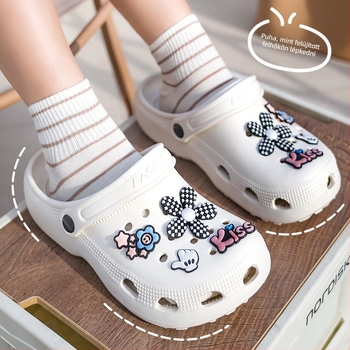 Női perforált zárt orrú cipő — EVA felsőrész, EVA talp, kerek orr, sarka kb. 5 cm, talp vastagsága 2–3 cm, csúszásmentes, kiváló tapadás