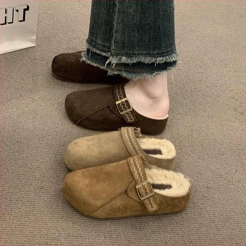 Női velúr mikrofonbőr slip-on papucs, kültéri viseletre, kerek orr, gumírozott talp, 2025 tél