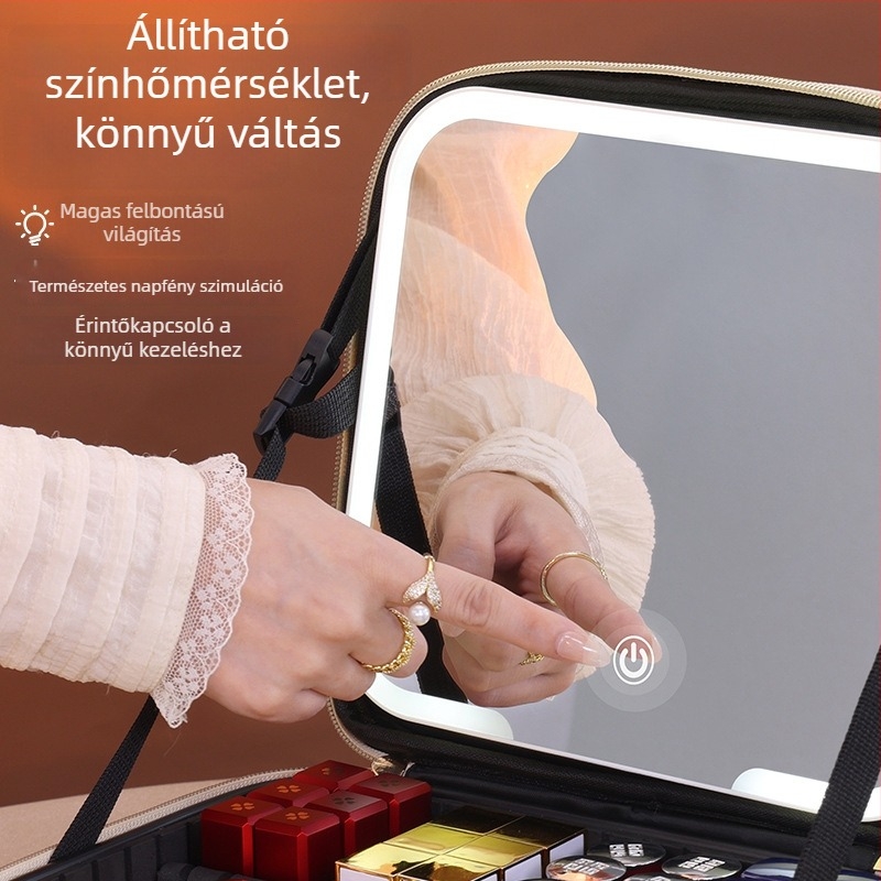 LED tükrös kozmetikai táska LED világítással, nagy kapacitás, utazáshoz, hordozható; Anyag: műbőr; Belső: poliészter; Vízálló; Uniszex