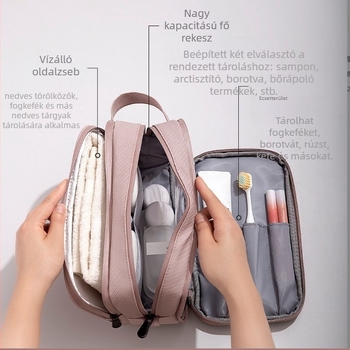 Utazási kozmetikai táska száraz–nedves szétválasztással, nagy kapacitású PU anyag