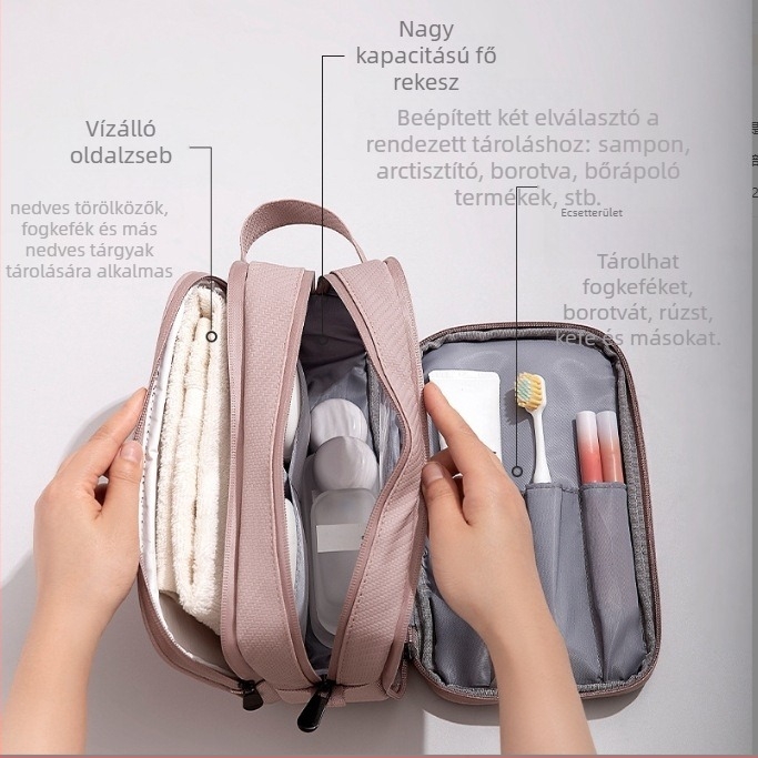 Utazási kozmetikai táska száraz–nedves szétválasztással, nagy kapacitású PU anyag