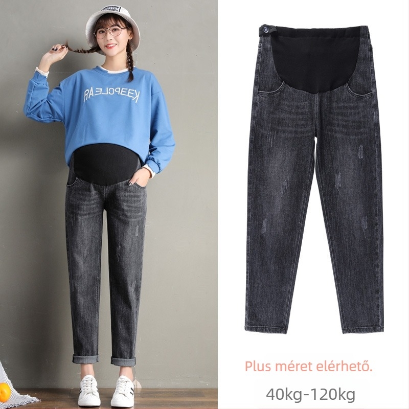 Kismama denim nadrág has támasza, laza szabás, rugalmas denim, 80% pamut
