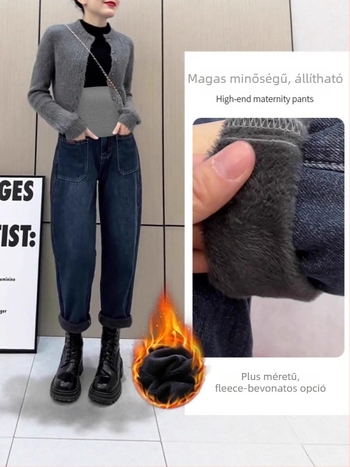 Terhességi denim nadrág, has-támogatás, fleece belső, 70–80% pamut, laza szabás