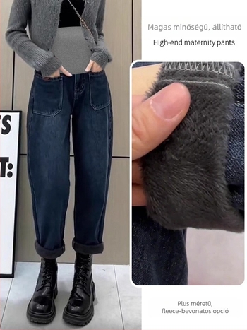 Terhességi denim nadrág, has-támogatás, fleece belső, 70–80% pamut, laza szabás