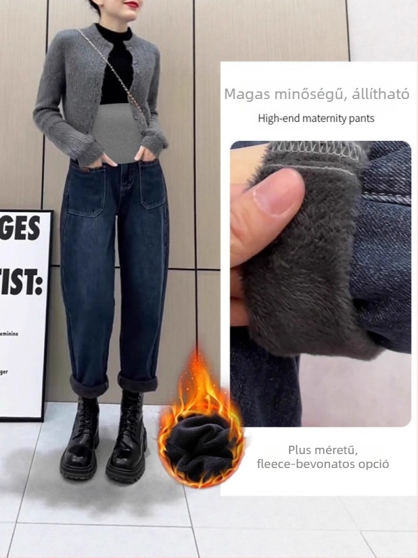 Terhességi denim nadrág, has-támogatás, fleece belső, 70–80% pamut, laza szabás