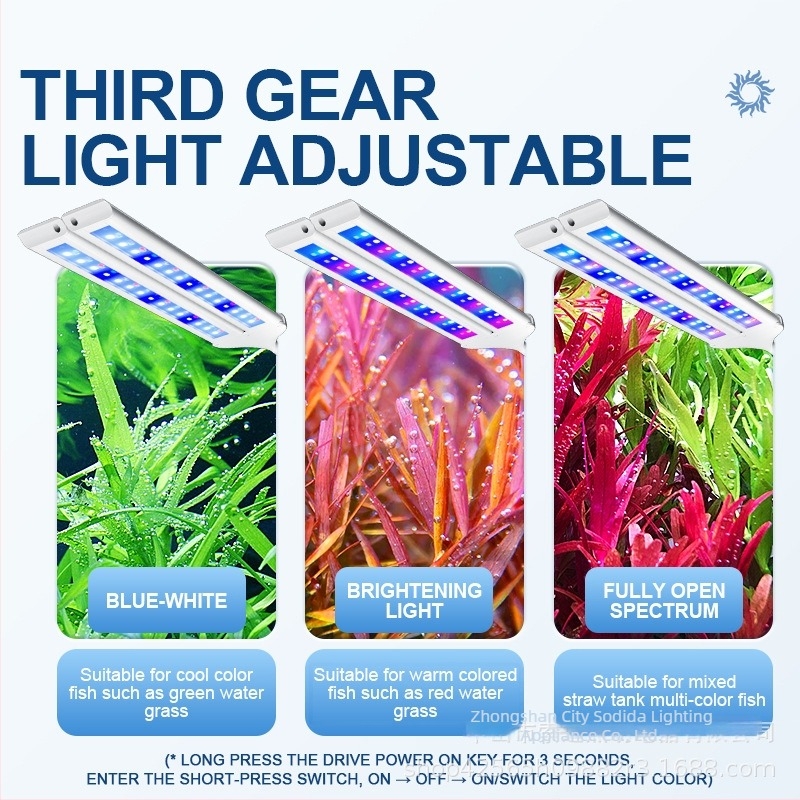 LED akvárium clip lámpa, PVC ház, Yikeda márka, teljesítmény opciók 4.8, 6.4, 8.8, 12 és 13.6W, súly 0.31–0.44 kg, világítás, dekoratív és a növekedés elősegítése