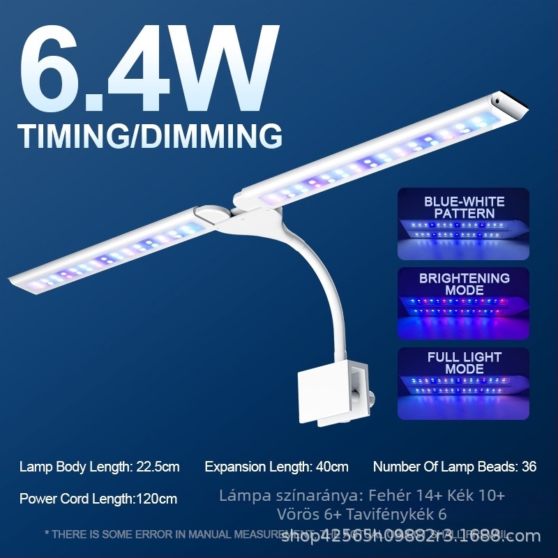 LED akvárium clip lámpa, PVC ház, Yikeda márka, teljesítmény opciók 4.8, 6.4, 8.8, 12 és 13.6W, súly 0.31–0.44 kg, világítás, dekoratív és a növekedés elősegítése