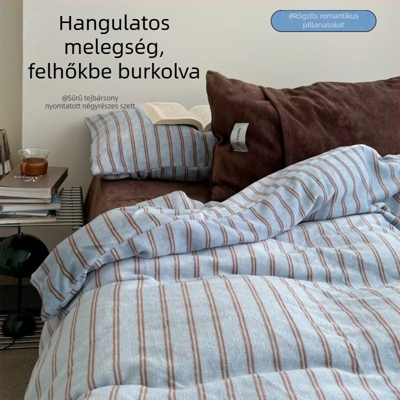 Egyszerű sávos tej-velúr ágyneműkészlet, négy részes, őszi–téli, kollégiumi használatra