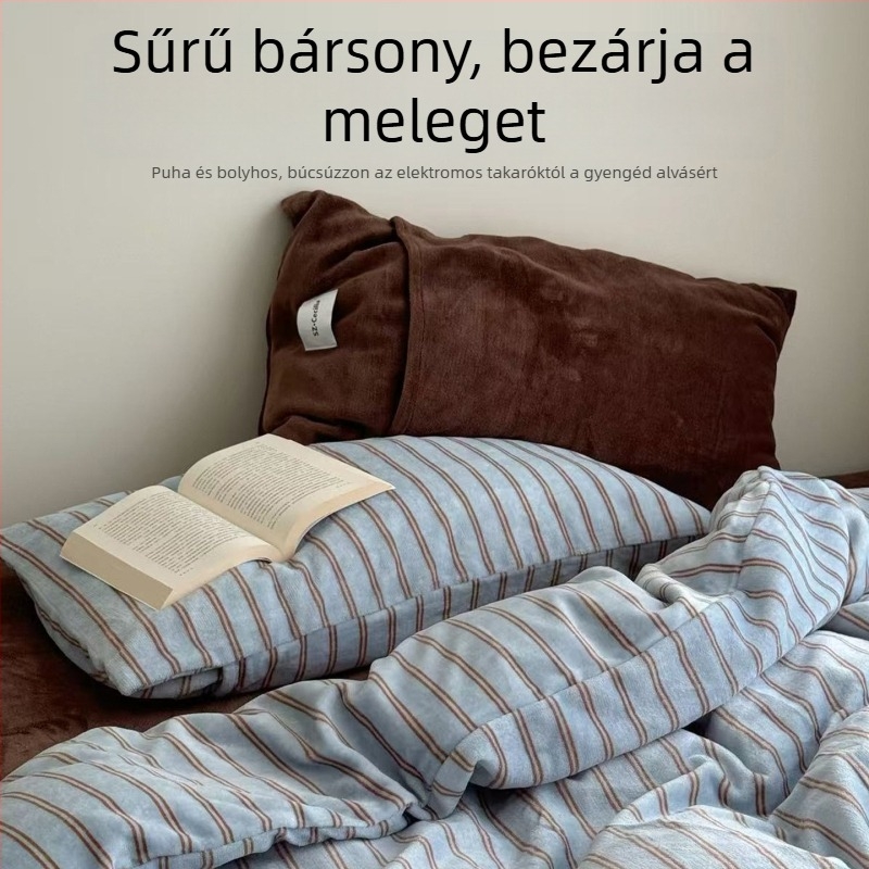 Egyszerű sávos tej-velúr ágyneműkészlet, négy részes, őszi–téli, kollégiumi használatra