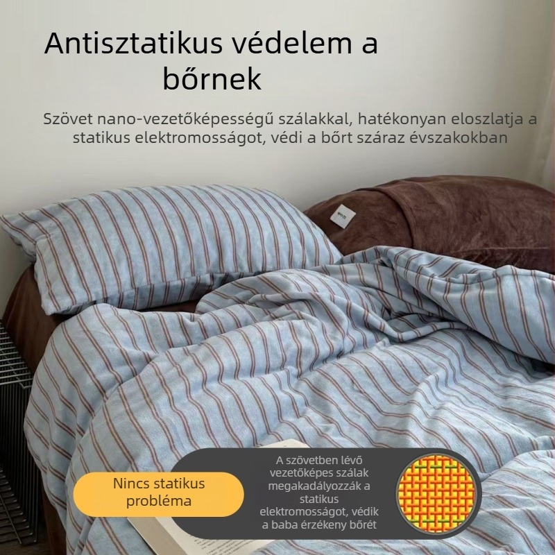 Egyszerű sávos tej-velúr ágyneműkészlet, négy részes, őszi–téli, kollégiumi használatra
