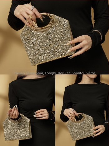 Estélyi táska kristályokkal, kis négyszögletű klutch, zárható zárás, poliészter bélés, belső zsebek telefonra és azonosító kártyára, városi minimalist stílus, 2025 tavasz