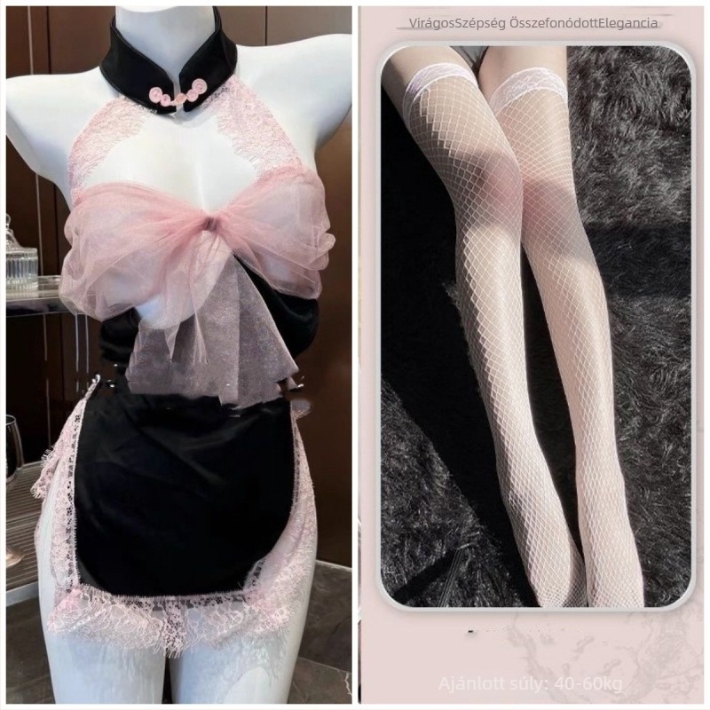 Csipkés hálóing hátul nyitott, masnival, ujjatlan, mini szoknya, poliészter (90-95% poliészter)