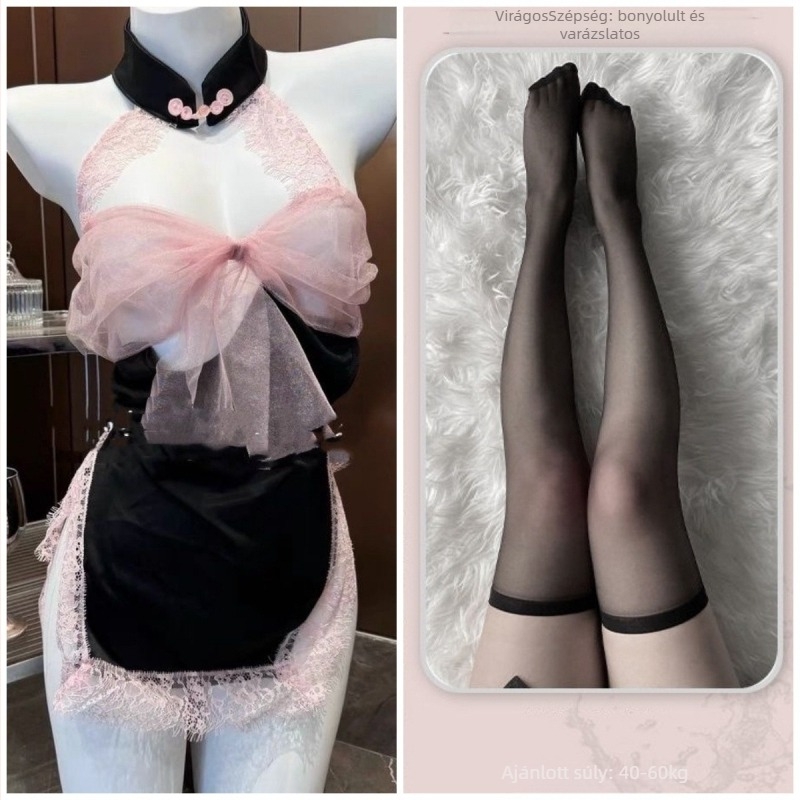 Csipkés hálóing hátul nyitott, masnival, ujjatlan, mini szoknya, poliészter (90-95% poliészter)