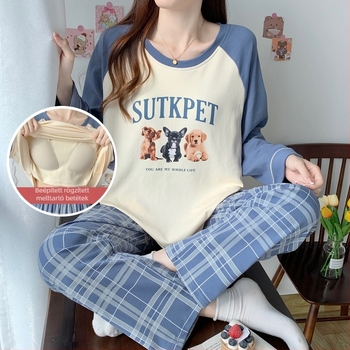 Női pamut egyrészes pizsama mellkasbetéttel, dizájn cartoon, laza szabás, kerek nyakú, hosszú ujjú